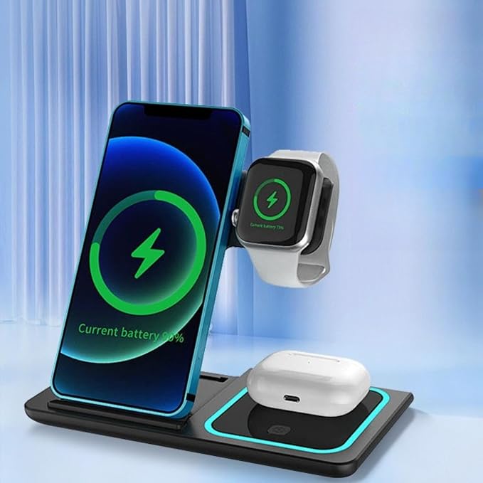 Foldable 3-in-1 Wireless Charging Station Magnetic Fast Charger Stand Dock Compatible with iWatch Series AirPods Pro and iPhone 17/16/15/14/13/12/11 Series USB Powered (Black)