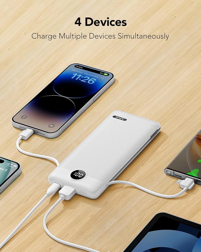 VRURC Portable Charger Power Bank Built-in Cables and AC Wall Plug | USB C Portable Bank 10000mAhTravel Essentials Phone Charger Compact External Battery Pack for Smart PhonesTablets-Black