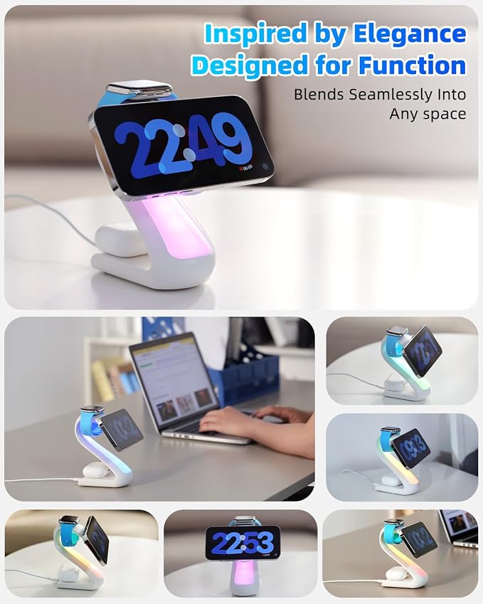 4-in-1 Magnetic Wireless Charging Station for Apple iPhone 17 16 15 14 13 12 Pro Max &amp Watch | 15W Fast MagSafe Charger Stand with Night Light | Aesthetic Swan Desk Organizer for AirPods (White)