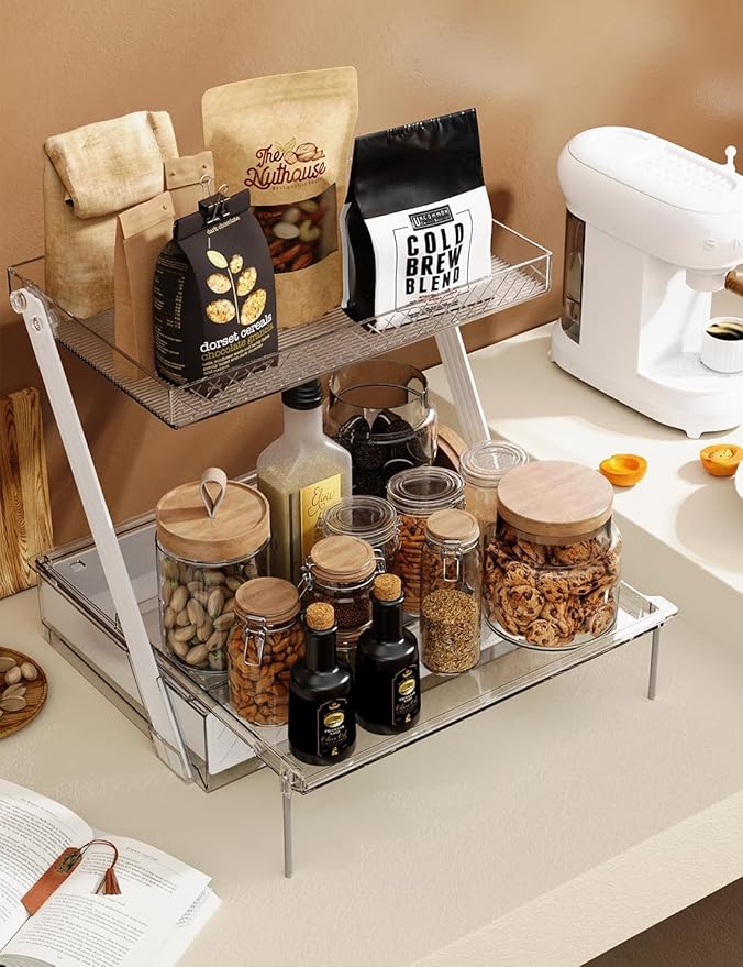 Z-Shaped Bathroom Countertop Organizer – 2-Tier Vanity Organizer with Sliding Tray & Drawer for Skincare, Makeup & Perfume – Acrylic Storage for Dresser, Office or Desk