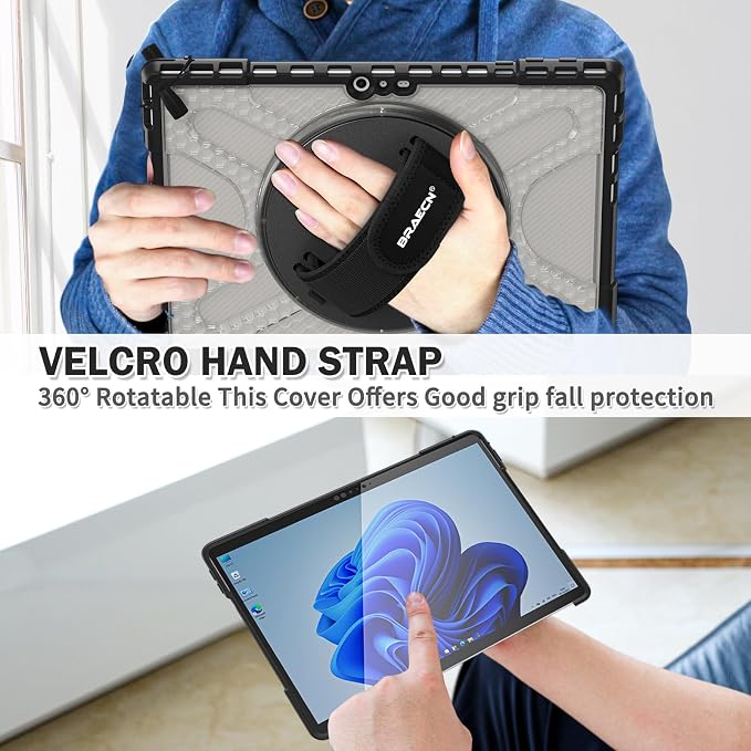 BRAECNstock Case for Microsoft Surface Pro 7+ Plus/7/6/5/4 12.3 - Black | Shockproof Case with 360° StandHand Strap &amp Pencil Holder | Type Cover keyboard CompatibleBusiness Friendly
