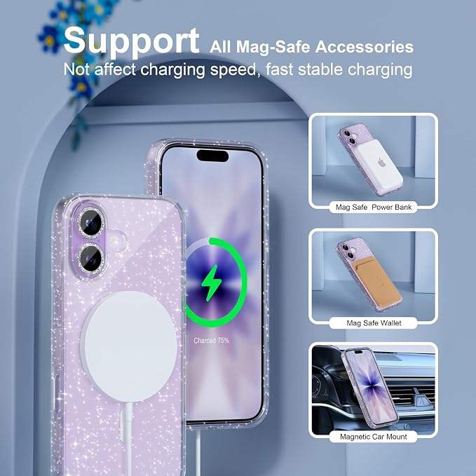 Choiche for iPhone 15 Pro Max Case Compatible with MagSafe Glitter Black | Women Girly Cute Glitter Sparkly Magnetic Phone Case with Diamond Camera Lens Protectors Military-Grade Drop Protection 6.7