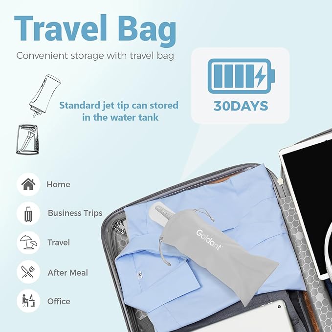 GOLDANT 350ML Water Dental Flosser Teeth Pick with Travel Bag, 5 Modes Portable Cordless Oral Irrigator Cleaner, Electric Rechargeable IPX7 Waterproof for Home Travel Teeth Cleaning flossing (White)