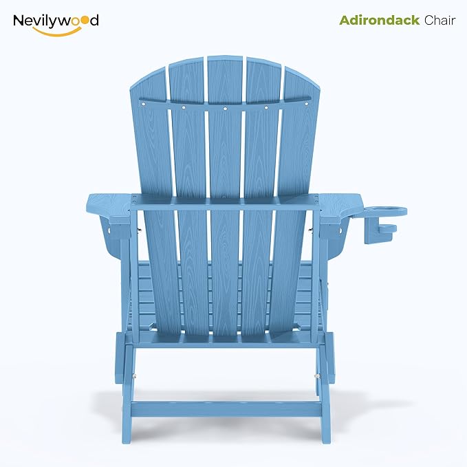 nevilywood Folding Adirondack Chair with Cup Holder,All-Weather Adirondack Chair,Patio Chair,HDPE-Wooden Textured Lawn Chair- Light Blue