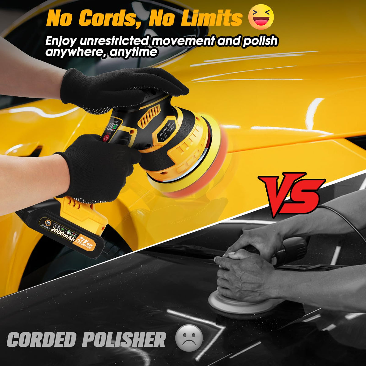 Niusken Cordless Car Buffer Polisher kit [2x 2000mAh 21V Batteries & 18 PCS Attachments] 6-Speed Orbital Design, LED Display, Lightweight Detailing Tool for Waxing, Polishing & Scratch Removal-Yellow
