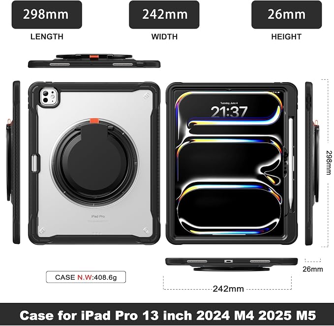 Batianda HaloCarry Case for iPad Pro 11 inch 2025 M5 2024 M4 Lavender Grey | Lightweight Dual-Layer Rugged Case with 360° Rotating Carry Ring Handle Stand and Pencil Holder Reinforced Corner Defen
