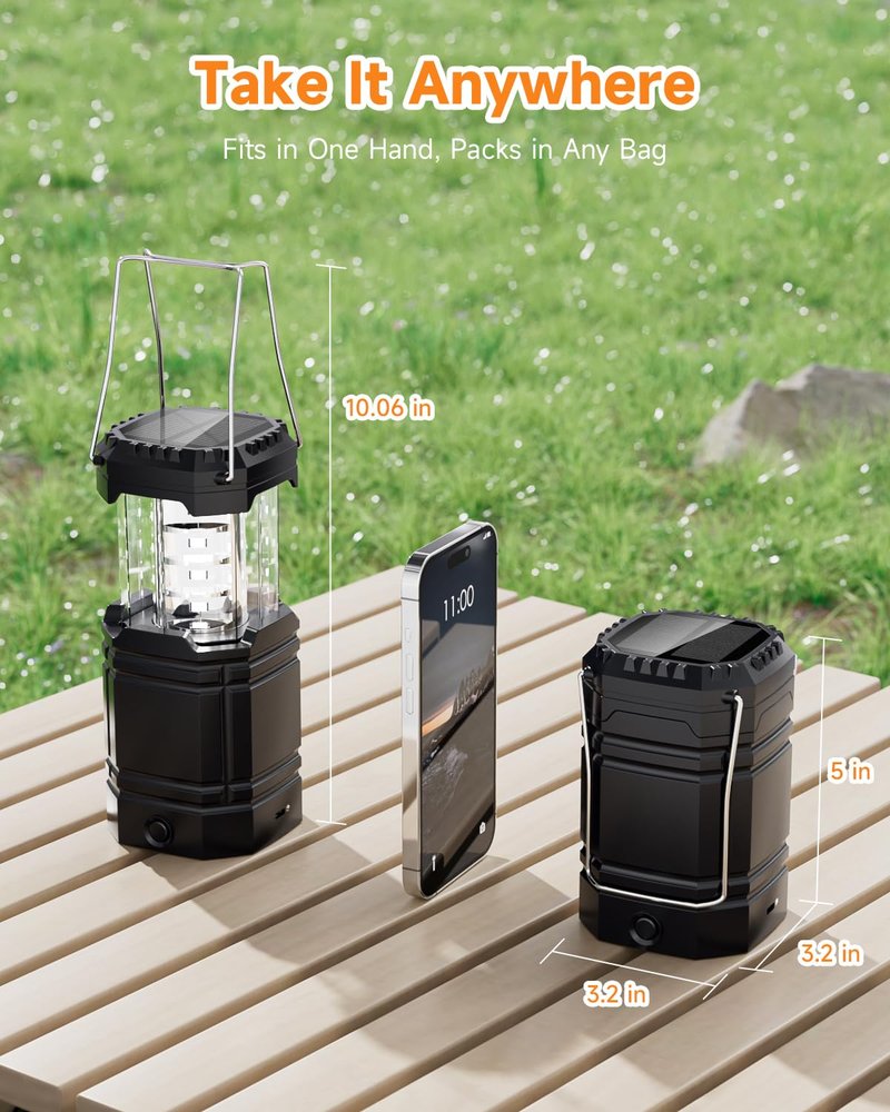 Solar Camping Lantern 4 Pack, Rechargeable LED Lantern with Flashlight, USB-C & Solar Powered, Collapsible Emergency Lights for Hurricane, Power Outages, Outdoor Use
