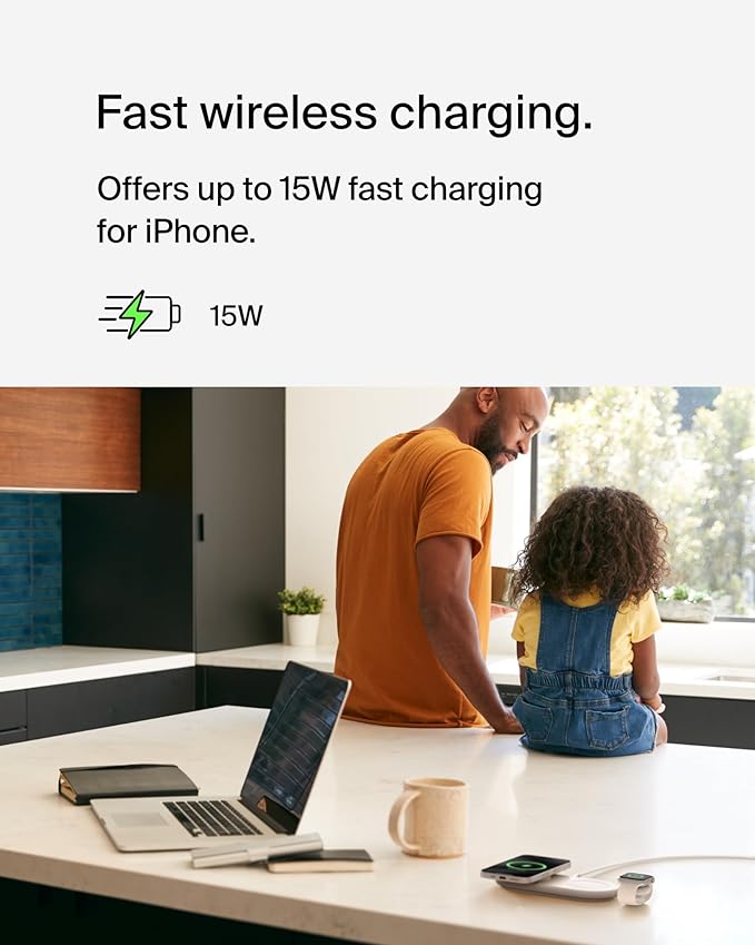 Belkin 3-in-1 MagSafe-Compatible Wireless Charging Pad with Qi2 15W - iPhone Charger - Fast Charging Wireless Charging Station for iPhone 17, 16, & 15 Series, AirPods, Apple Watch, & More - White