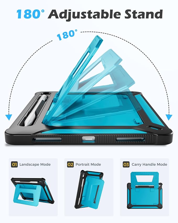 ProCase Kids Case for 11 iPad (A16) &amp 10.9 iPad 10th Gen Black | 180° Adjustable Kickstand with Pencil Holder 3-Layer Heavy Duty Rugged Shockproof Hard Shell Cover