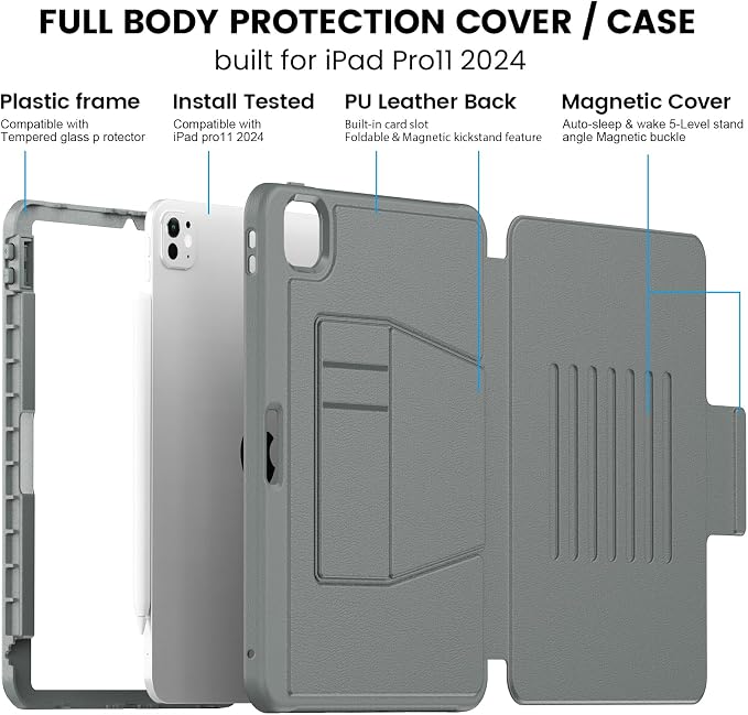 for iPad Pro 11 inch Protective Case M5 2025/M4 2024: Heavy Duty Shockproof Case with Pencil Holder - 360°Rotating Handle/Stand - Screen Protector - Shoulder Strap Black/Sky Blue