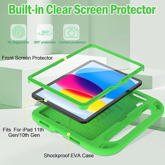 TIRIN Kids Case for iPad A16 11th Generation 2025/iPad 10th Generation 2022 with Built-in Screen Protector Shockproof Handle Stand iPad Case for Kids Black