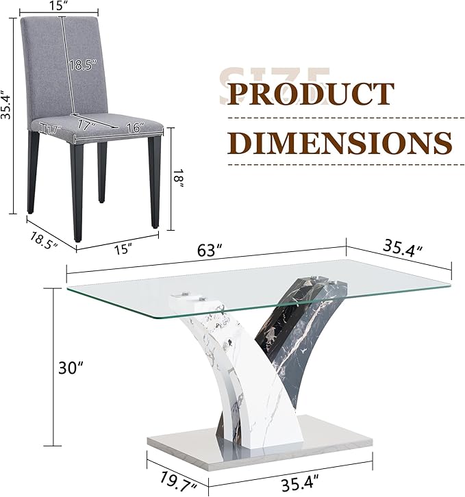 Glass Dining Table Set for 6, 63” Kitchen Table Set for 6, Modern Dining Room Table Set with Upholstered Chairs, Tempered Glass Tabletop with Y Shape Base