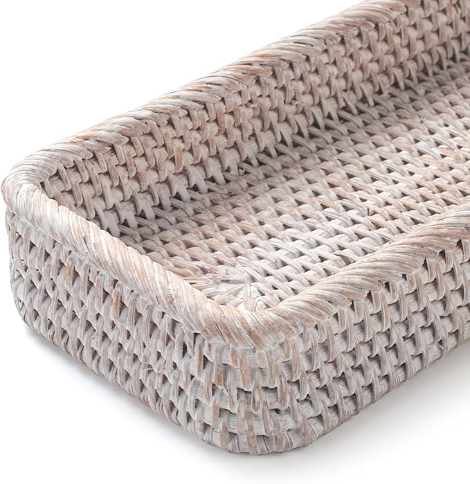 Rattan Bathroom Vanity Tray, Toilet Tank Tray, Toilet Basket Tank Topper, Bathroom Basket for Organizing and Decor (Whitewash, 10.2" x 4.9" x 1.6")