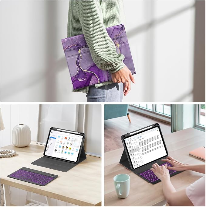 Soke for iPad (A16) 11th/10th Gen Case with Keyboard Black Marble | For iPad 11/10.9 inch(2025/2022) 7 Color Backlight Magnetic wireless Detachable Keyboard Case Built-in Pencil Holder