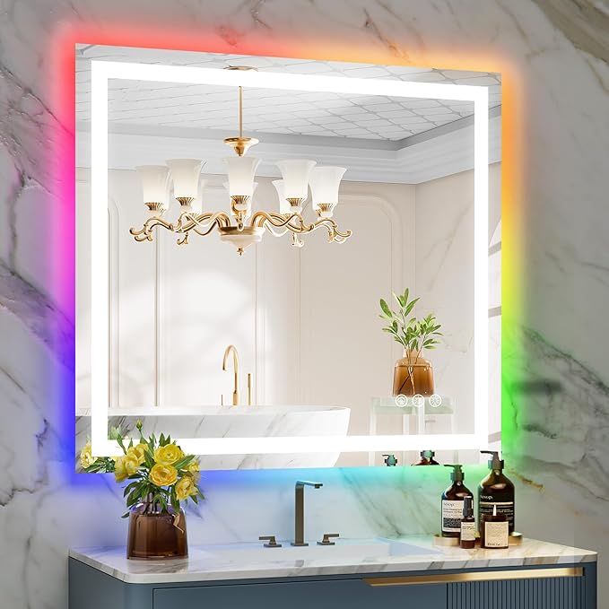YEELAIT 40x36 Inch RGB LED Bathroom Mirror Front Light and RGB Backlit Lighted Vanity Mirror for Bathroom Wall Mounted Dimmable Anti Fog Memory Shatter-Proof IP54 Waterproof Horizontal/Vertical