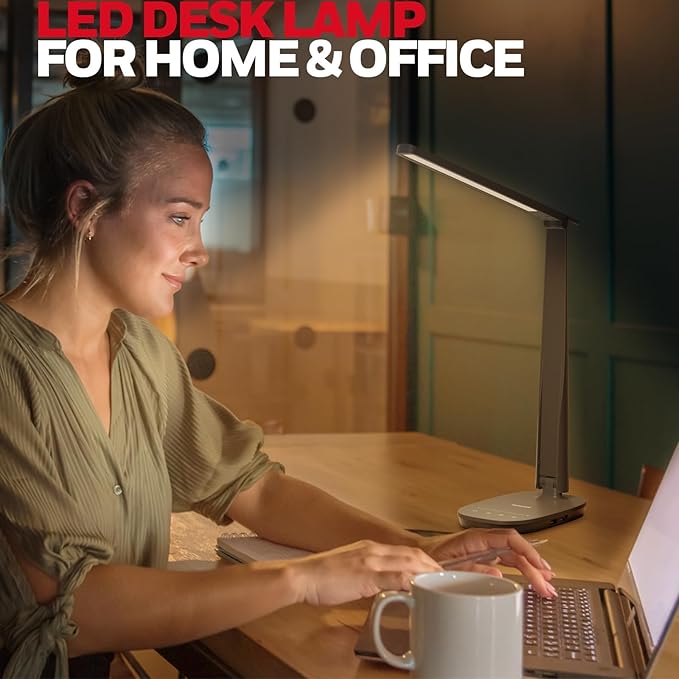 Honeywell LED Desk Lamp - HWT-H2 Sunturalux™ Eye-Caring Foldable Desk Light with USB A+C Dual Charging Port 4 Color Modes Dimmable Table Lamp for Home Office Bedroom Reading Study Work - Black