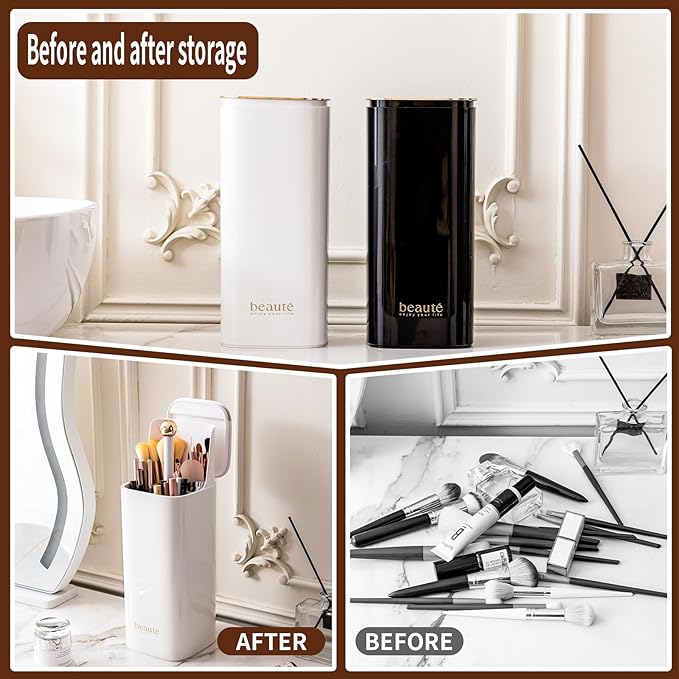 Makeup Brush Holder Organizer, One Touch for Open, Dustproof Make Up Organizer with Lid for Vanity Bathroom Countertop,White