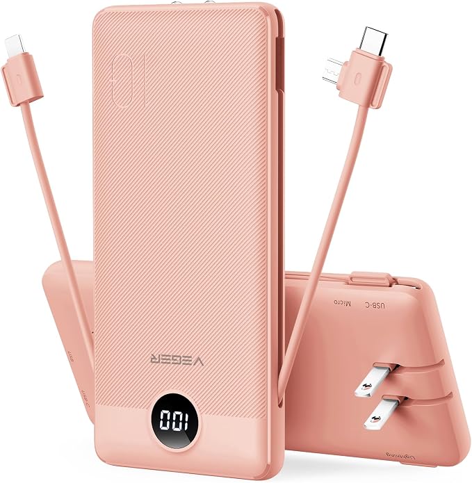 VEGER Portable Charger for iPhone Power Bank Built in Cable and Wall Plug | 10000mAhUltra Slim&ampCompact5 OutputsLED DisplayFlight-SafeTravel Essentials Battery Pack for iPhone 17iPad Samsun