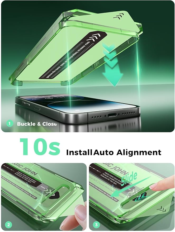 MAGIC JOHN 2PACK for iPhone 14 Pro (6.1) Eye Protection Screen Protector HD Clear Auto Dust-Elimination 9H Tempered Glass &amp Scratch Resistance Full Edge Coverage