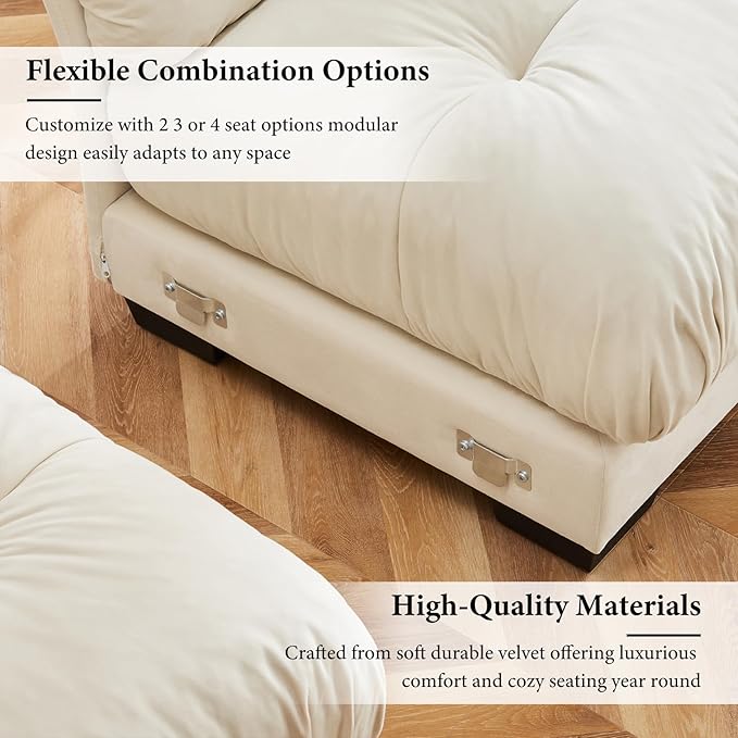 130" Oversized Couch, 3 Seater Modular Sectional Sofa, Beige White Large Sectional Couches for Living Room, Fluffy Couch Set, 3 Seater Velvet Cloud Couches with 5 Pillows, Deep Seat for Living Room