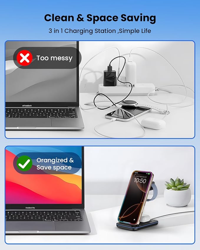 Wireless Charger Stand CIYOYO 3 in 1 Fast Wireless Charging Station Dock for Apple Watch 11/9/8/7/6/SE/5/4/3/2 Airpods 3/2/Pro iPhone 17/16/15/14/14 Plus/14 Pro Max/13/13 Pro/12/12 Pro/SE/X/XR/XS/8