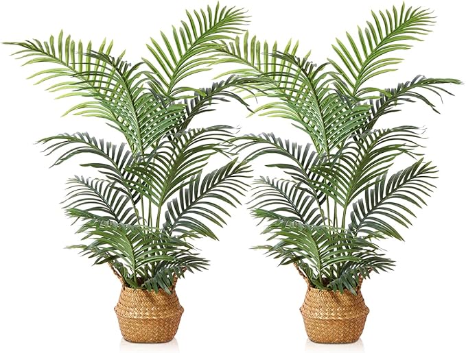 LOMANTO Fake Majesty Palm Plant 3Ft Artificial Plants for Home Decor Indoor Small Faux Trees in Pot Fake Tropical Plants for Housewarming Gift 2Pack