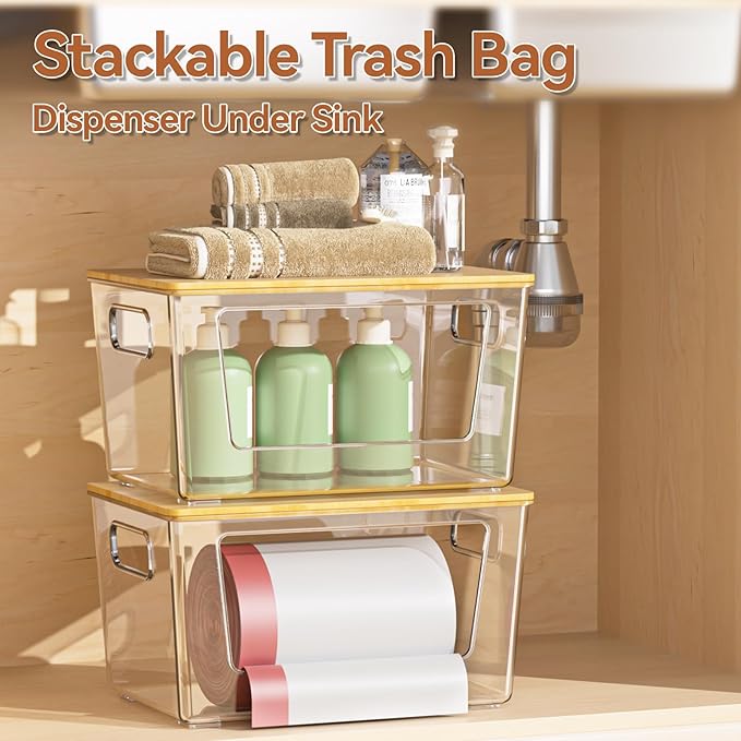 Trash Bag Holder with Bamboo Lid, Stackable Trash Bag Dispenser, Extra Large Storage for Kitchen Laundry Room Under Sink (1Pack)