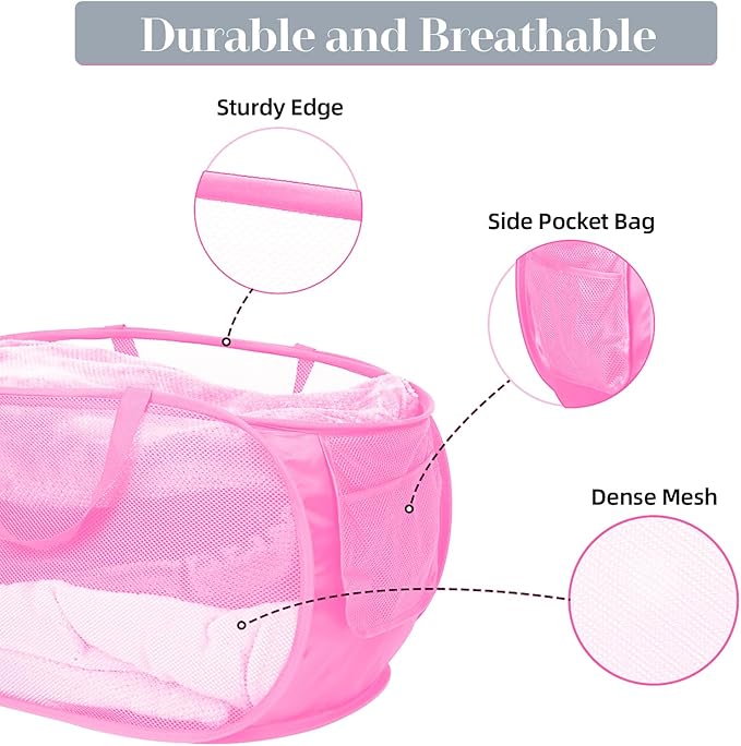 Durable Collapsible Laundry Baskets, Mesh Pop Up Laundry Hamper with Side Pocket, Foldable Clothes Hamper with Reinforced Carry Handles for Laundry, Bathroom, Kids Room, Dorm or Travel 2 Pack Pink