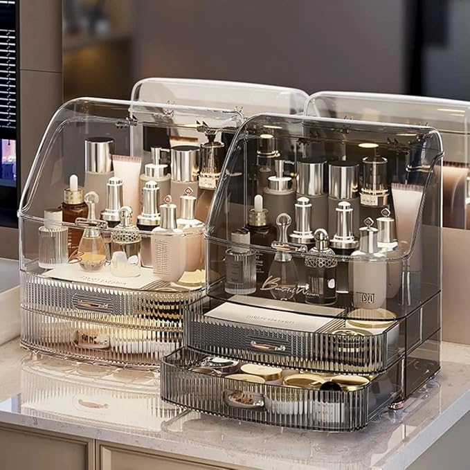 Clear Makeup Organizer Countertop with Drawers and Lid, Dustproof Organizers and Storage for Bathroom Vanity, Ideal for Cosmetic, Beauty Supplies -Black