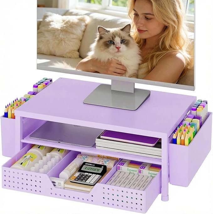 OPNICE Desk Organizers and Accessories, 2-Tier Computer Monitor Stand Riser with Drawer and 2 Pen Holders, Laptop Stand, Office Desk Accessories for Office Supplies, Purple