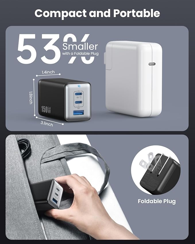 150W USB C Charger BlockGaN III Compact Foldable Wall Charger 3 Port Fast Charging StationPD QC PPS Portable USB C Hub 100W Laptop Adapter for MacBook Pro/AiriPadiPhone 17/ProGalaxy S24Dell etc