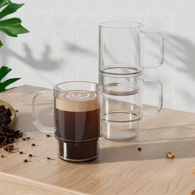 Aquach 22oz Stackable Glass Mugs with Handle, Set of 2 - Large Clear Coffee Cups for Latte, Cappuccino, Mocha, Americano, and Tea