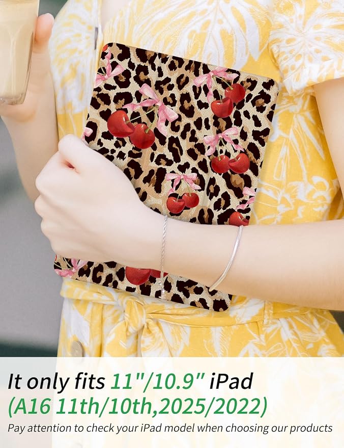 Case for iPad 9th/ 8th/ 7th Generation Case 10.2&amp10.5 Inch (2021/2020/2019 Release) Slim Lightweight Soft Trifold Back Cover with Pencil Holder &amp Auto Sleep/Wake Cover Cherries Cheetah Bows