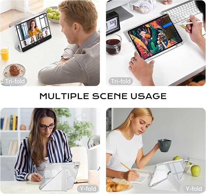 Clear Case for iPad Pro 12.9 inch 6th/5th/4th/3rd Gen with Y-fold &amp Trifold Stand Pencil Holder Support Pencil Charging [Auto Wake/Sleep] Lightweight Shockproof Hard PC Back Cover Black
