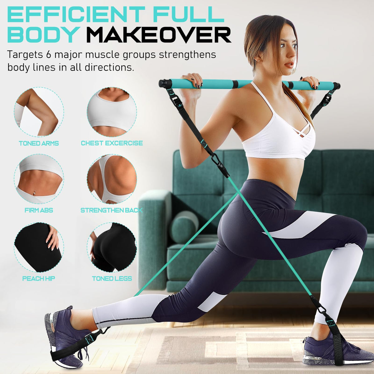 Pilates Bar Kit with 6 Latex Resistance Bands, Adjustable Exercise Bar