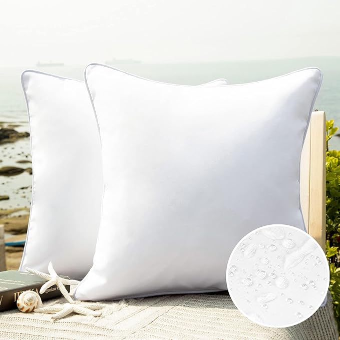 Phantoscope Pack of 2 Outdoor Waterproof Solid Throw Decorative Pillow Cover Decorative Square Outdoor Pillows Cushion Case Patio Pillows for Couch Tent Sunbrella (20''x20'', White)