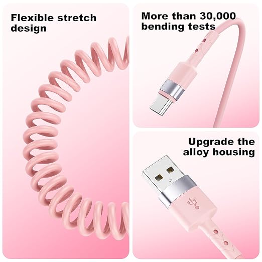 2Pack CarPlay USB A to USB C Coiled Charge Cable for iPhone 15Short Car/Uber Charging Cord Sync Data Retractable Charger for iPhone 15/16 Pro Max Samsung for Apple CarPlay &amp Android Auto-4Ft Pi
