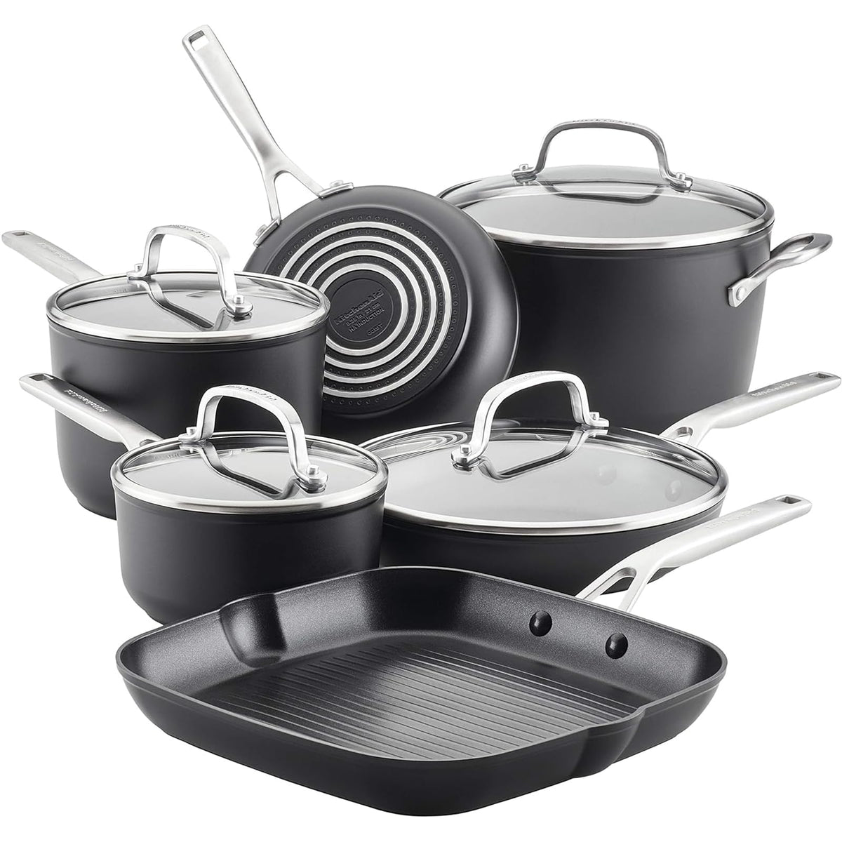 KitchenAid Hard Anodized Induction Nonstick Frying Pan Set With Lid, 3-Piece – 8 & 10 Inch Skillets, Durable, Even Heating, Dishwasher & Oven Safe, Easy-Clean, Matte Black