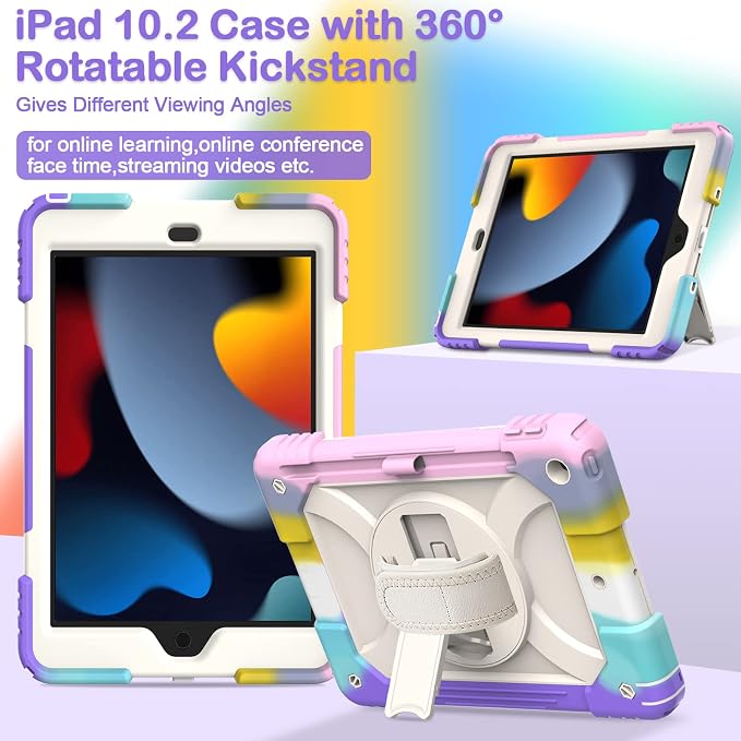 BMOUO for iPad 9th/8th/7th Generation Case 10.2 Black | Shockproof Rotating Stand Shoulder Hand Strap iPad 9th/8th/7th Generation Case with Pen Holder for iPad 10.2“ 2021/2020/2019