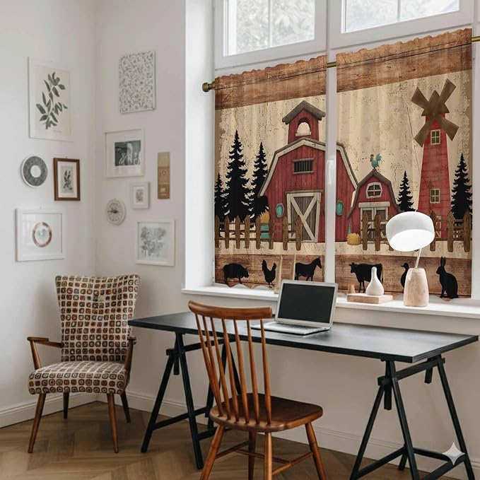 Brown Farmhouse Tier Curtains, Vintage Country Animals Wooden Grain Light