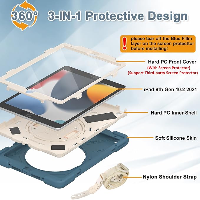 BRAECNstock Shockproof Case for iPad 9th/8th/7th Gen 10.2 Blue | All-in-1 Case Hand Strap &amp Stand Shoulder Straps Pencil Holder Screen Protector – For Office Commute &amp Presentation