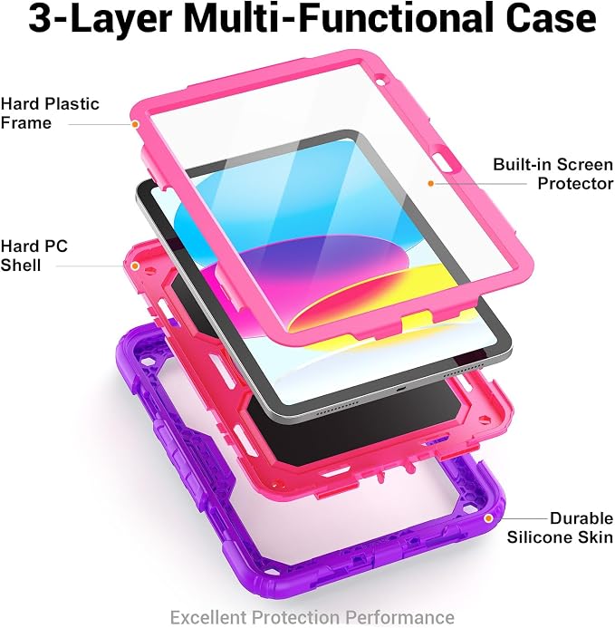 Case for iPad (A16) 11th/10th Generation 11''/10.9'' 2025/2022: Shockproof Protective Case with Hand/Shoulder Strap Pencil Holder Rotate Stand Screen Protector Black