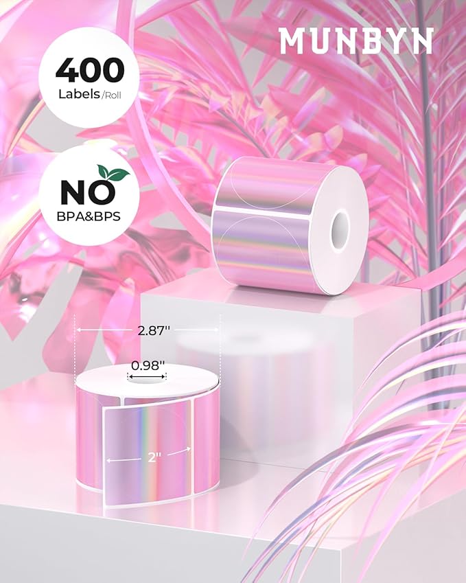 MUNBYN 2" Circle Holographic Thermal Label Stickers Pink, Round Printable Rainbow Glitter Thermal Printer Sticker Labels for Gift Wrapping, Self-Adhesive Name Price Tag DIY Custom Logo Design