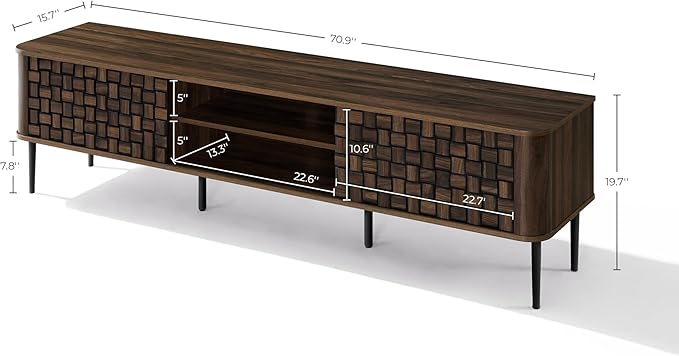 LuxenHome TV Stand for Living Room up to 80'' TVs, 71" Mid Century Modern Dark Oak Finish Wood with Basket Weave Design Entertainment Center with Storage, Media Console TV Console Cabinet for Entryway