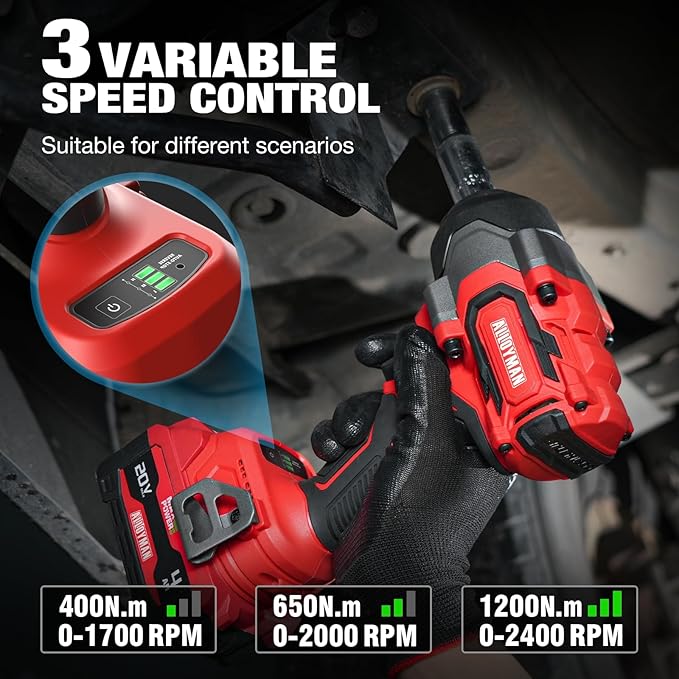 Cordless Impact Wrench, 900Ft-lbs (1200N.m) 1/2" Brushless Impact Gun, 20V High Torque Power Impact Driver, 2x4.0Ah Batteries,Brushless Motor 2400 RPM Variable Speeds for Family Car/Pickup Truck/Mower