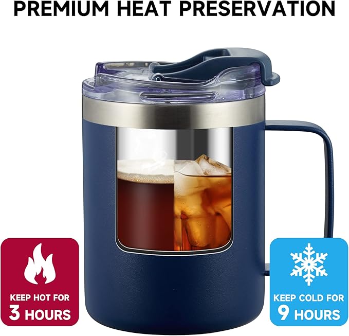 ALOUFEA 12oz Stainless Steel Insulated Coffee Mug with Handle, Double Wall Vacuum Tumbler Cup with Fliping Lid, Navy, 4 Pack