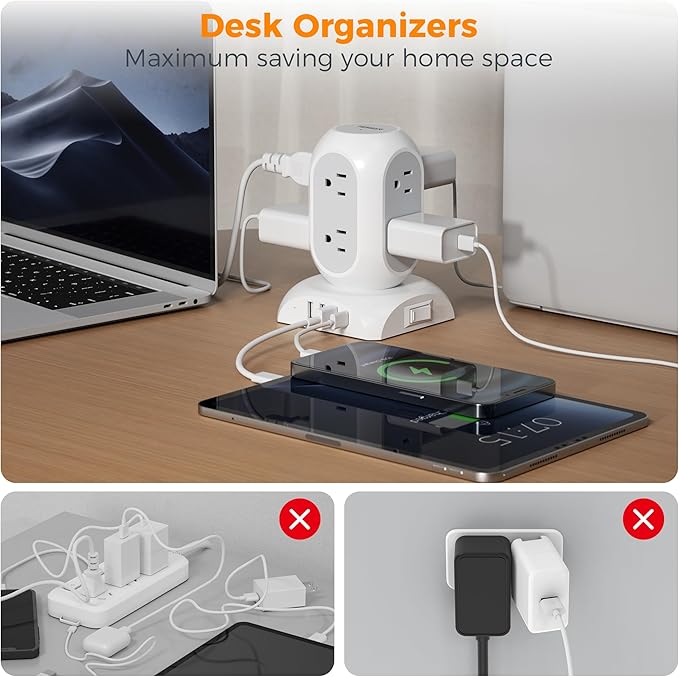 TESSAN Surge Protector Power Strip Tower, Flat Plug Extension Cord 10 Ft with 8 AC Multiple Outlets 4 USB Ports (1 USB C), 1050J Protection Desk Charging Station for Home, Office Supplies, Dorm Room