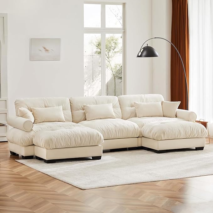 130" Oversized 3 Seater Modular Sectional Sofa, Beige White Large U Shaped Sectional Couches for Living Room, Fluffy Couch Set, Velvet Cloud Couch with Ottoman