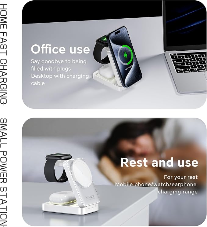 MALOM W91 3-in-1 Multifunctional Wireless Magnetic Charger for iPhone Apple Watch AirPods Foldable Nightlight (Black)