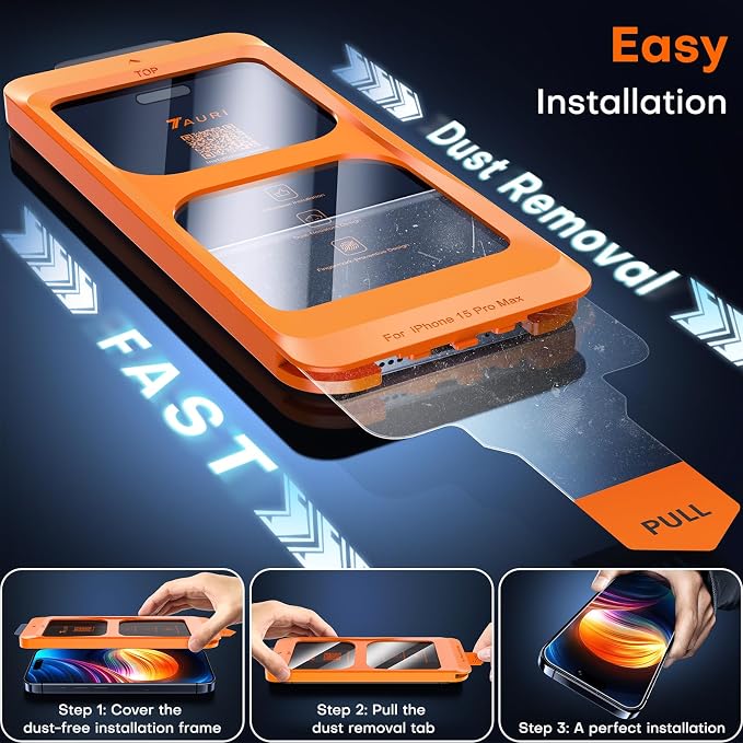 TAURI 2 Pack for iPhone 15 Pro Max Privacy Screen Protector | 1-Step Install Auto Dust Removal 9H+ Military-Grade Tempered Glass Bubble-Free Screen Protector for 15 ProMax